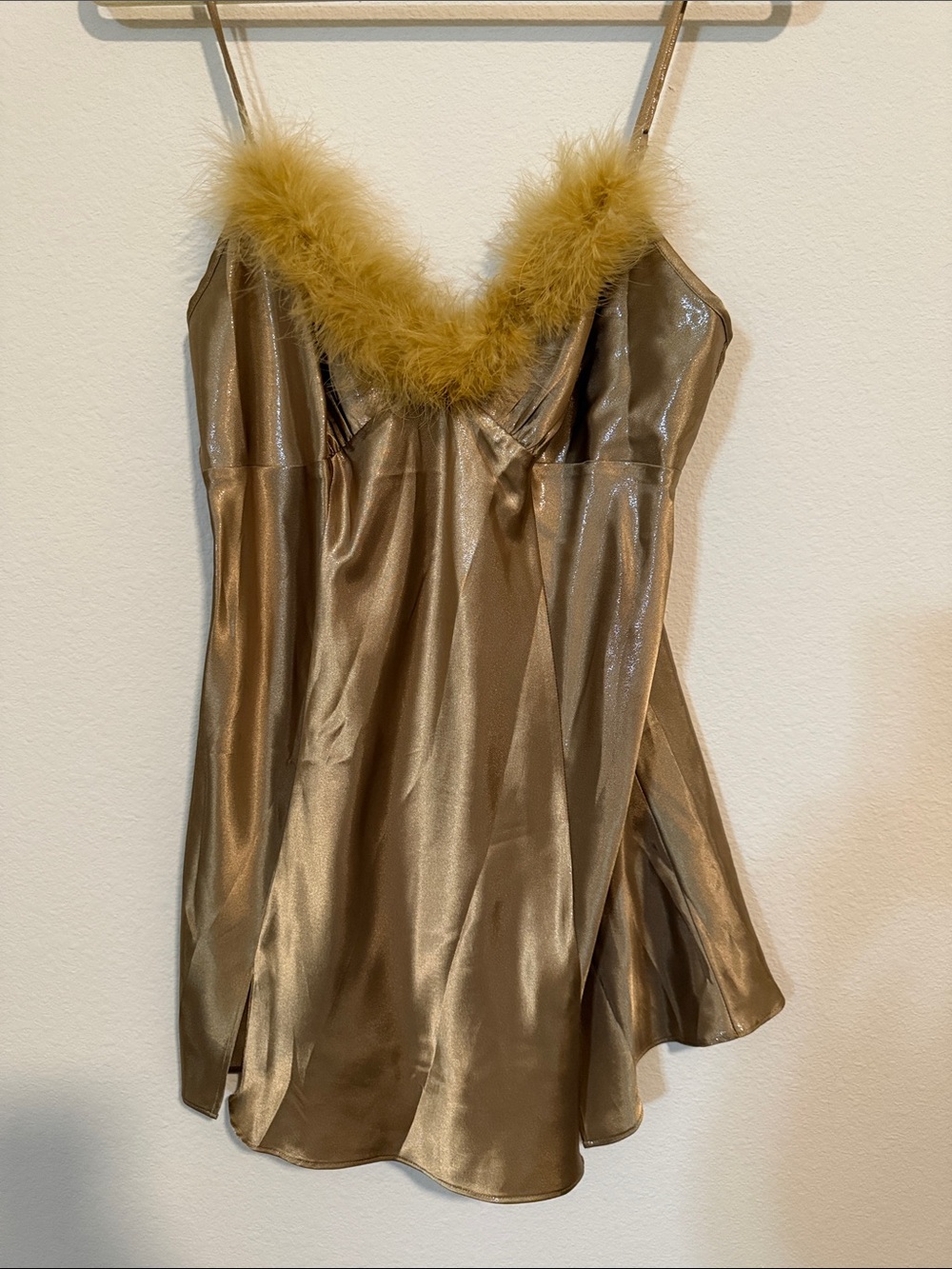 Vintage Gilligan & O’Malley gold satin chemise with fluffy feather trim